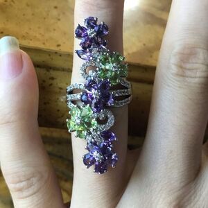 Natural Amethyst Peridot Sterling Silver Cocktail Ring Size 5.25